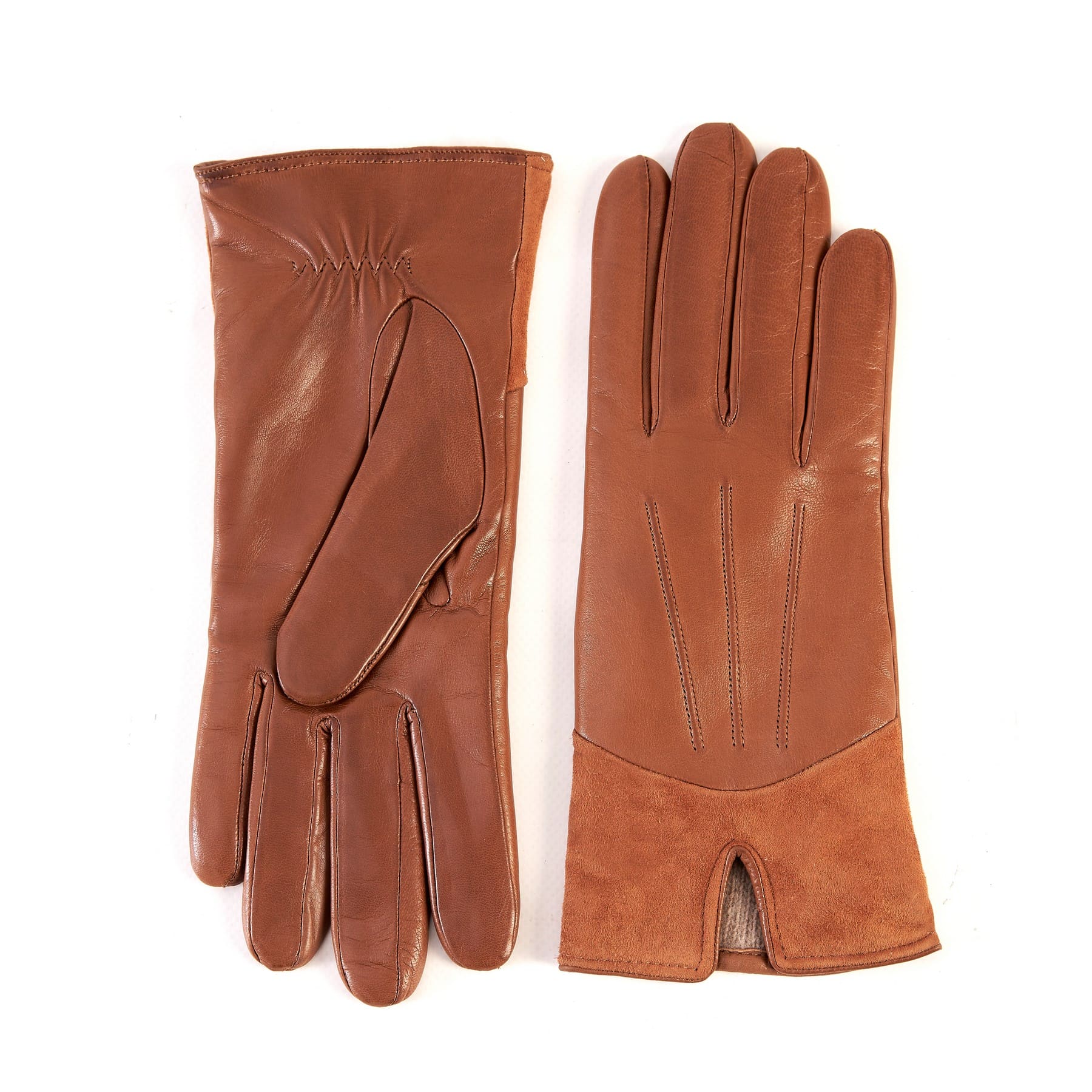 Women's camel nappa leather gloves with suede panel insert on top cashmere lined