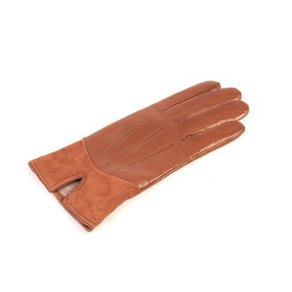 Women's camel nappa leather gloves with suede panel insert on top cashmere lined