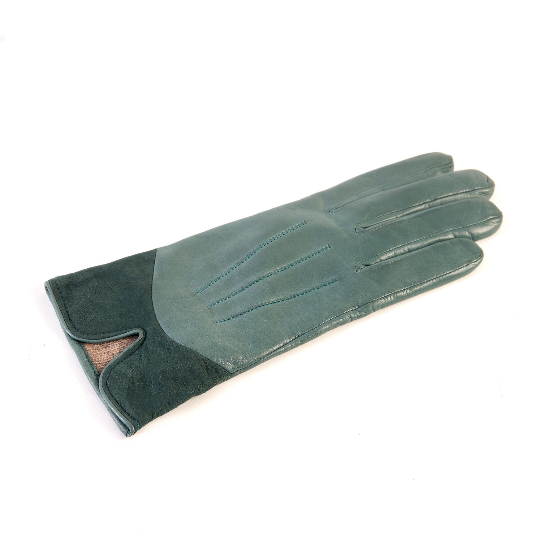 Women's green nappa leather gloves with suede panel insert on top cashmere lined