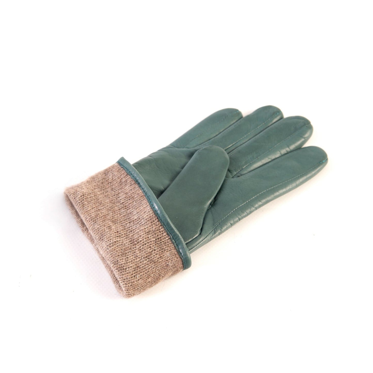 Women's green nappa leather gloves with suede panel insert on top cashmere lined