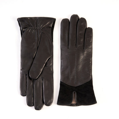 Women's black nappa leather gloves with suede panel insert on top cashmere lined