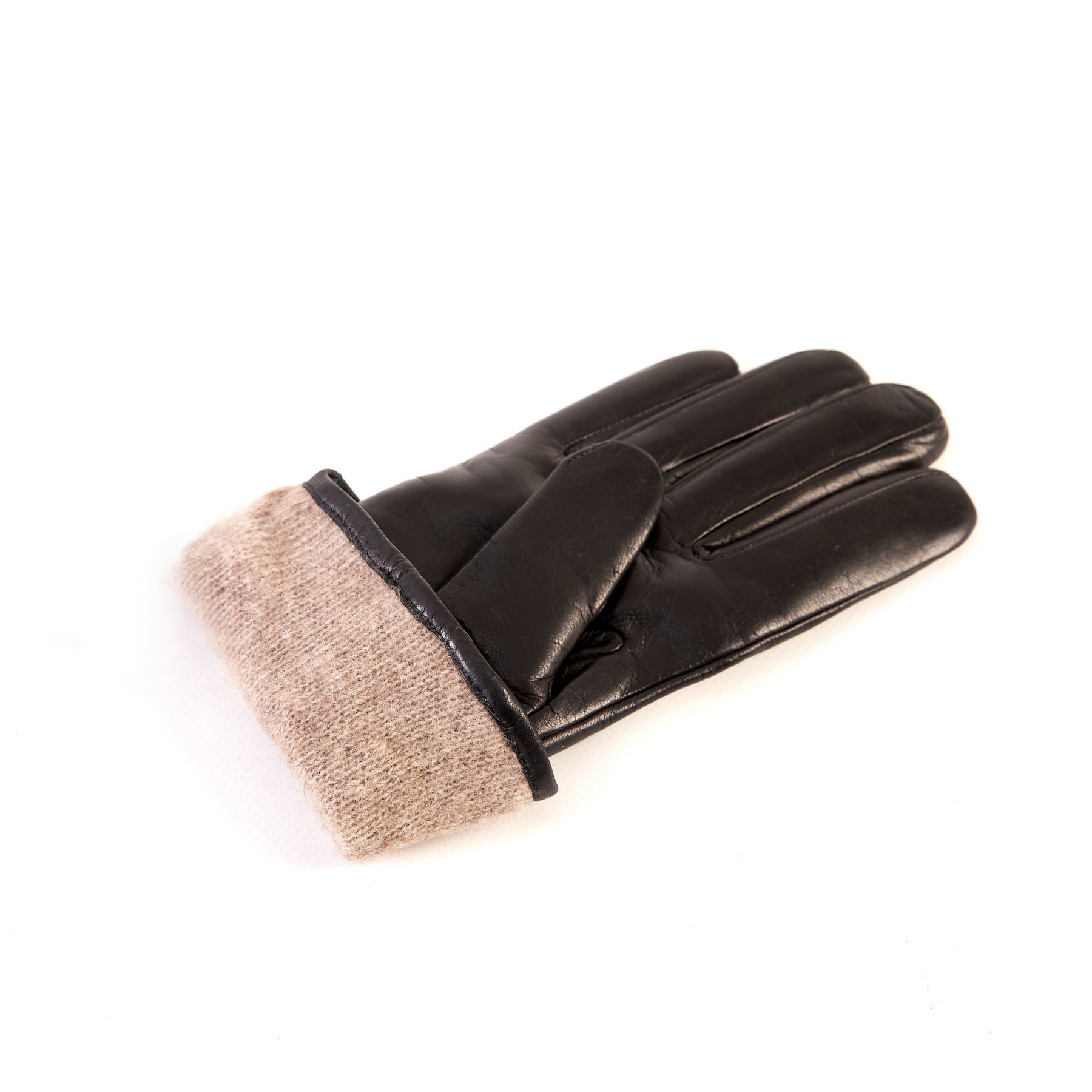 Women's black nappa leather gloves with suede panel insert on top cashmere lined