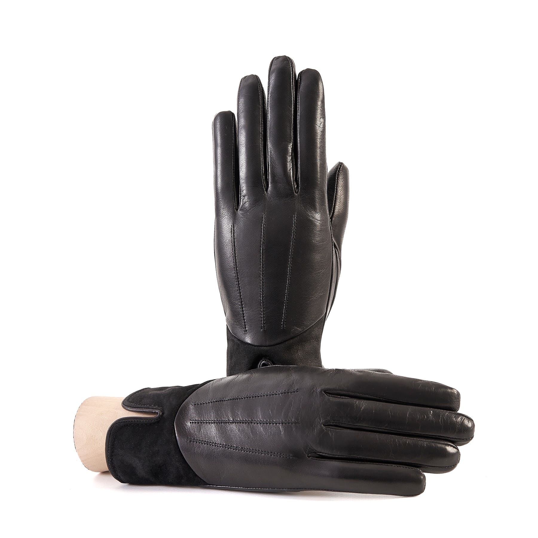 Women's black nappa leather gloves with suede panel insert on top cashmere lined