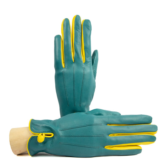 Women's teal nappa leather gloves with button and cashmere lining