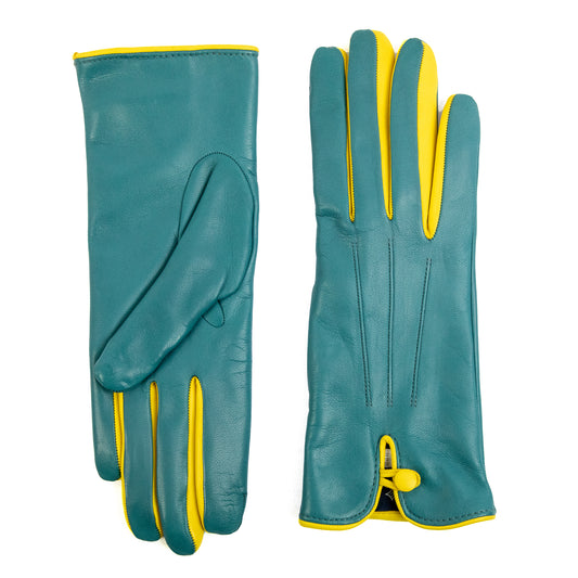 Women's teal nappa leather gloves with button and cashmere lining