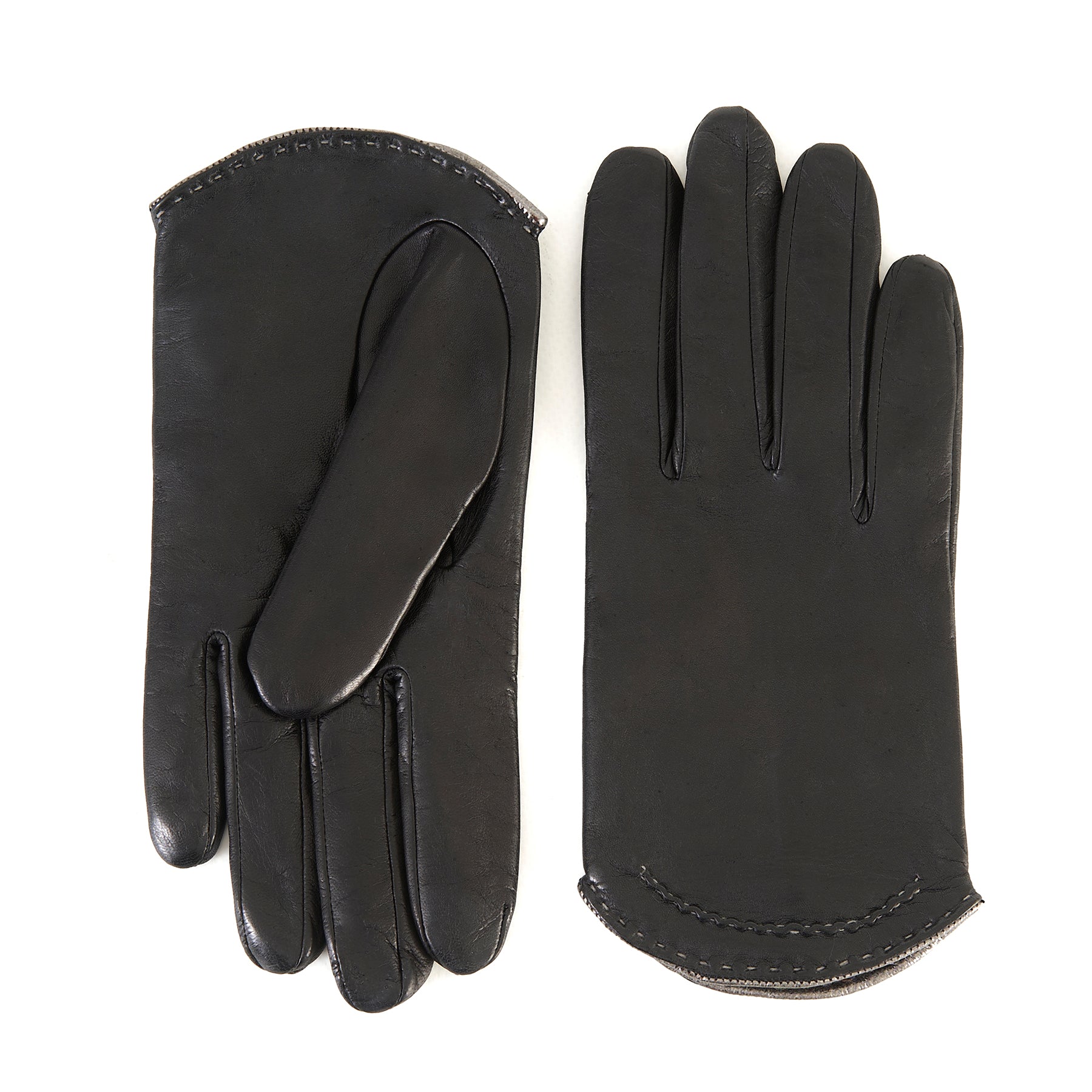 Women's black nappa leather gloves with metallic leather edge silk lined