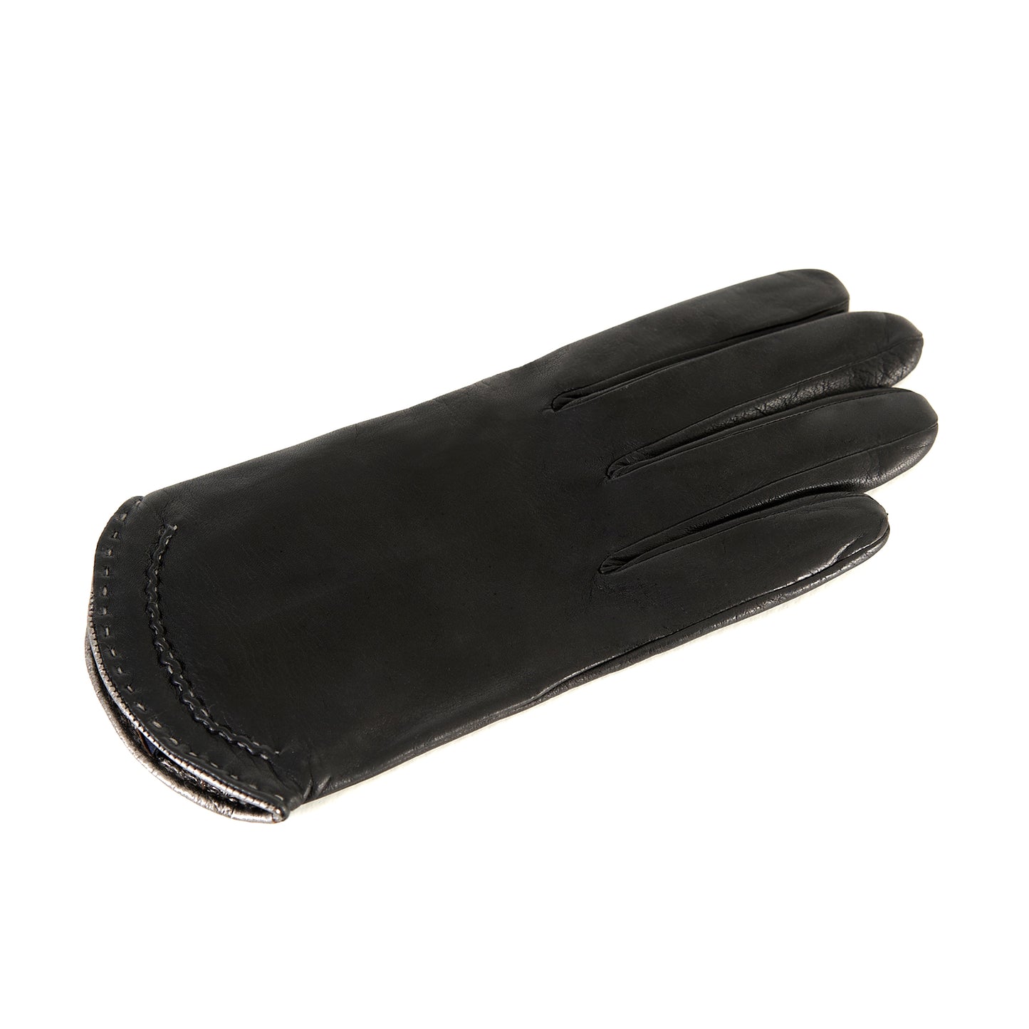 Women's black nappa leather gloves with metallic leather edge silk lined