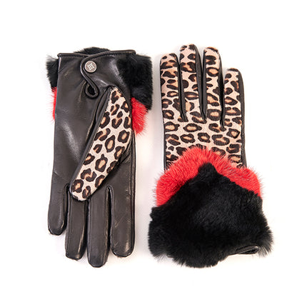 Women's black nappa leather gloves with a printed pony panel on top and natural fur