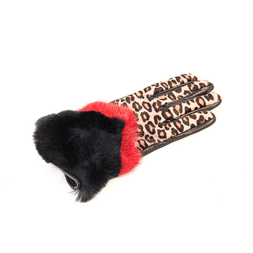 Women's black nappa leather gloves with a printed pony panel on top and natural fur