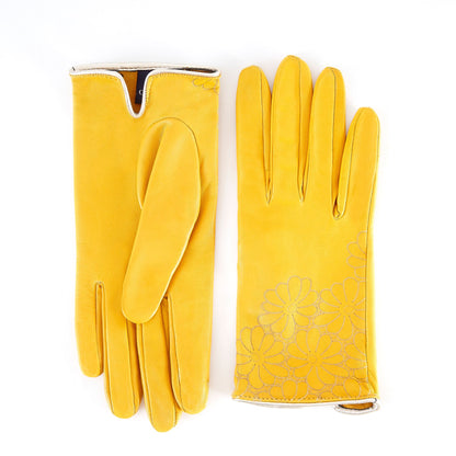 Women's unlined yellow nappa leather gloves with floral detail