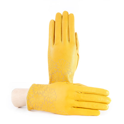 Women's unlined yellow nappa leather gloves with floral detail
