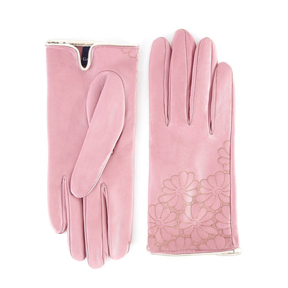 Women's unlined pink nappa leather gloves with floral detail