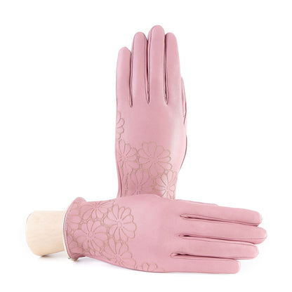 Women's unlined pink nappa leather gloves with floral detail