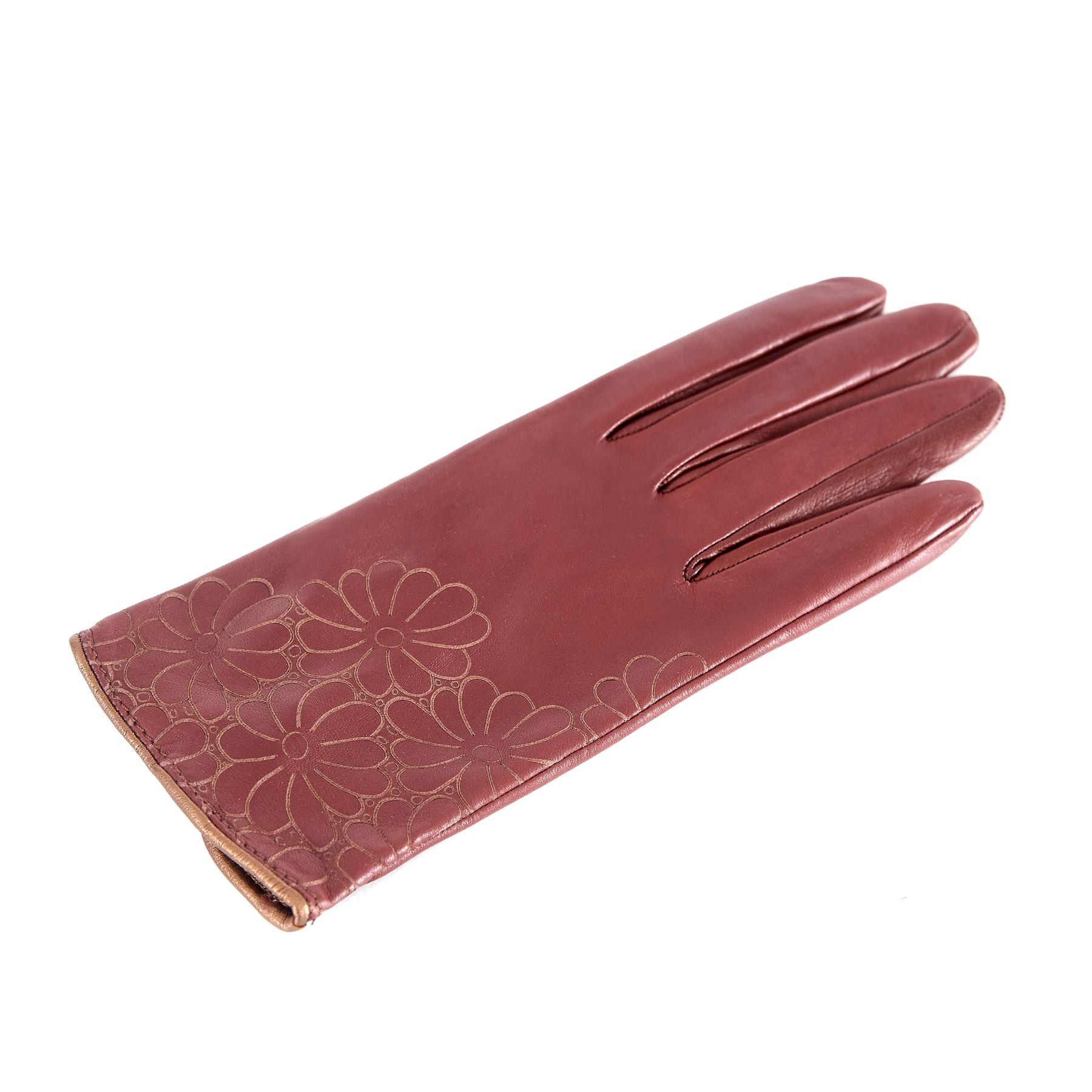 Women's unlined light brown nappa leather gloves with floral detail