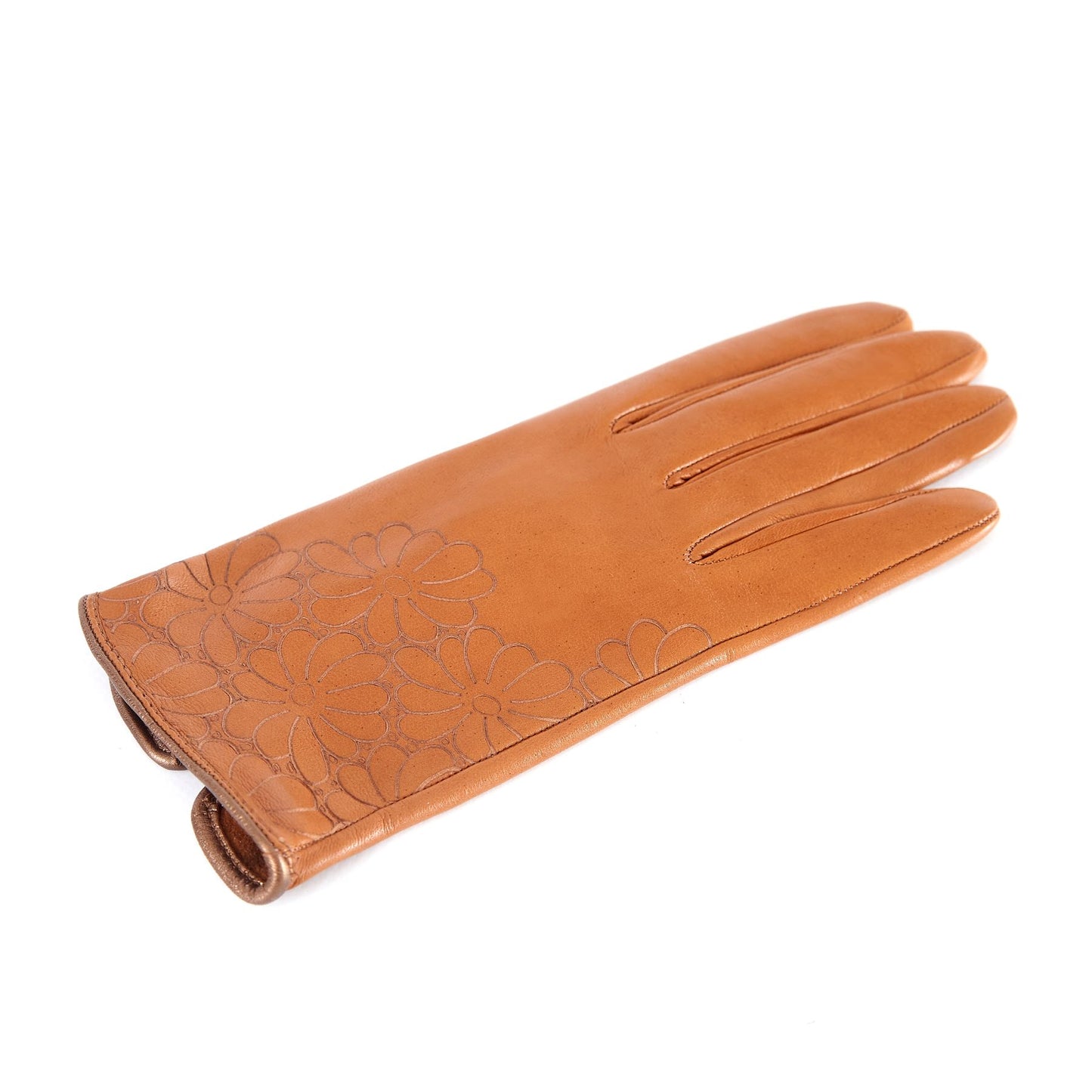 Women's unlined camel nappa leather gloves with floral detail