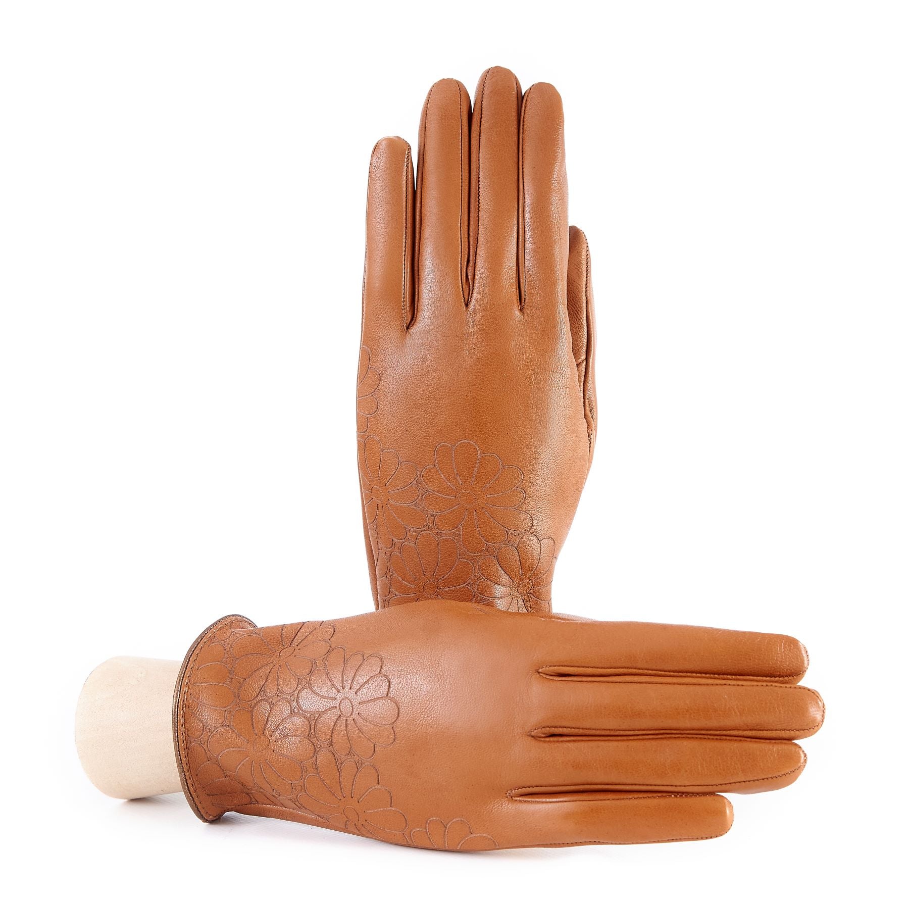 Women's unlined camel nappa leather gloves with floral detail