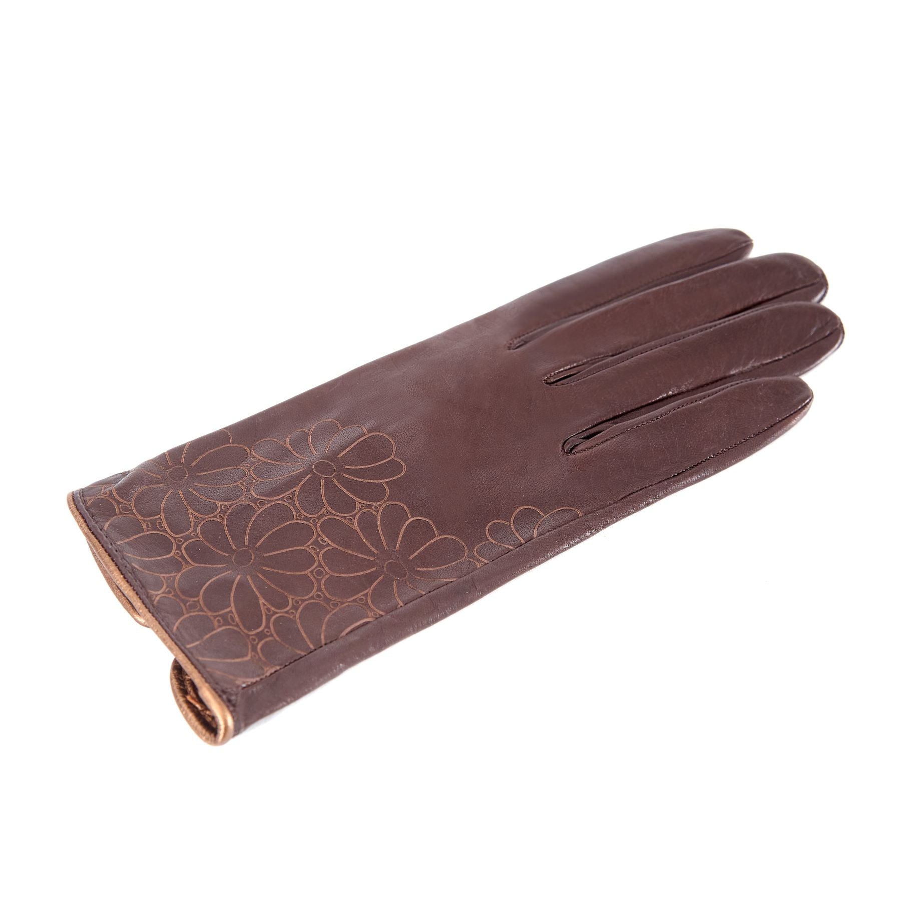 Women's unlined brown nappa leather gloves with floral detail