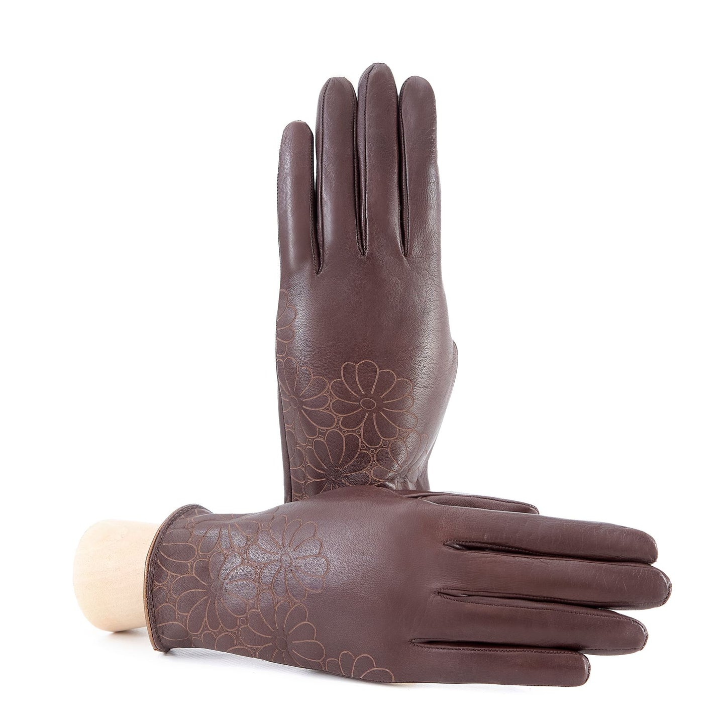 Women's unlined brown nappa leather gloves with floral detail