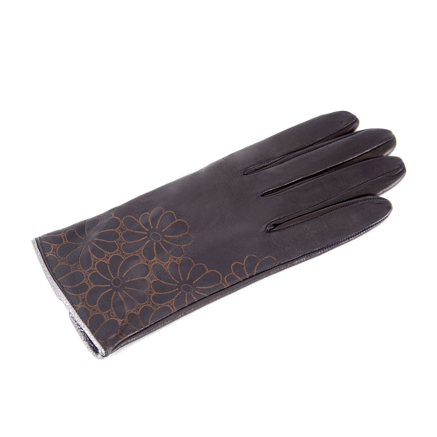 Women's unlined black nappa leather gloves with floral detail