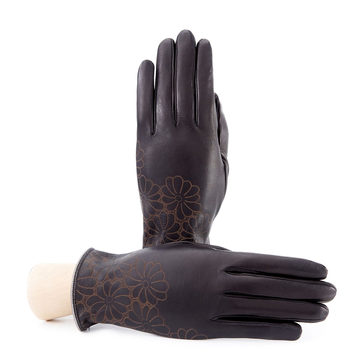 Women's unlined black nappa leather gloves with floral detail