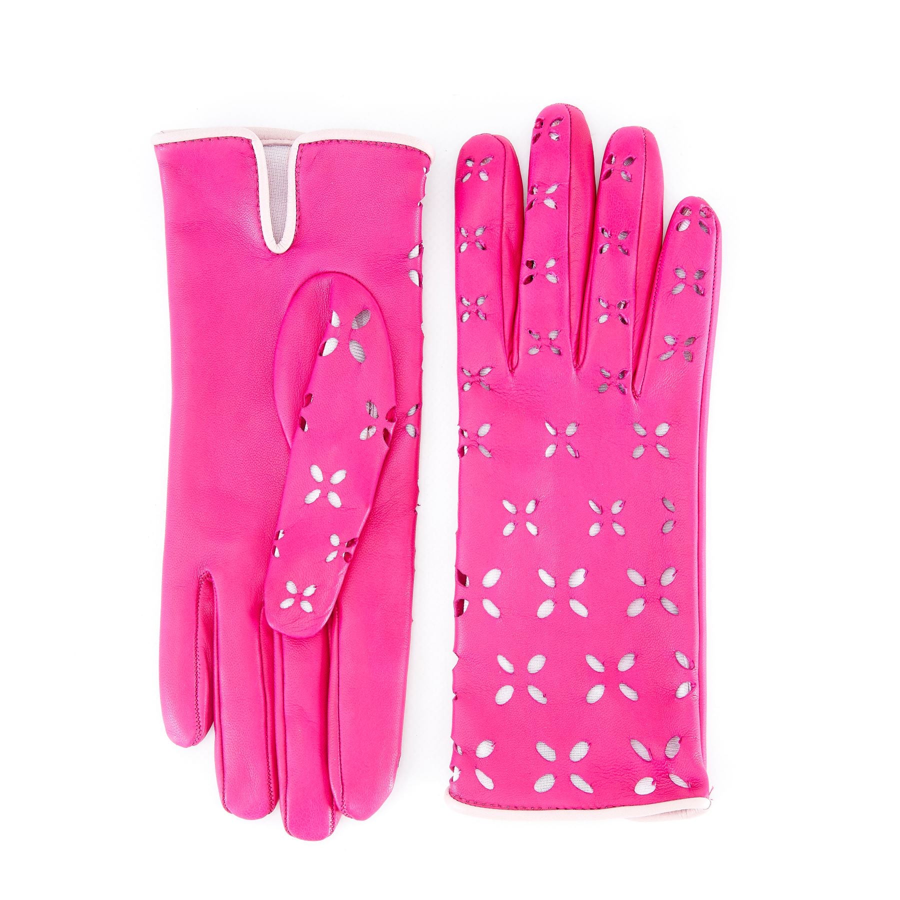 Women's pink nappa leather gloves with laser cut petals detail and polyamide lining