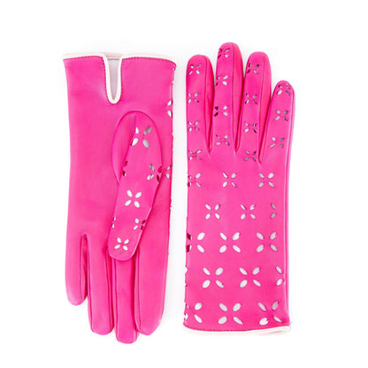 Women's pink nappa leather gloves with laser cut petals detail and polyamide lining