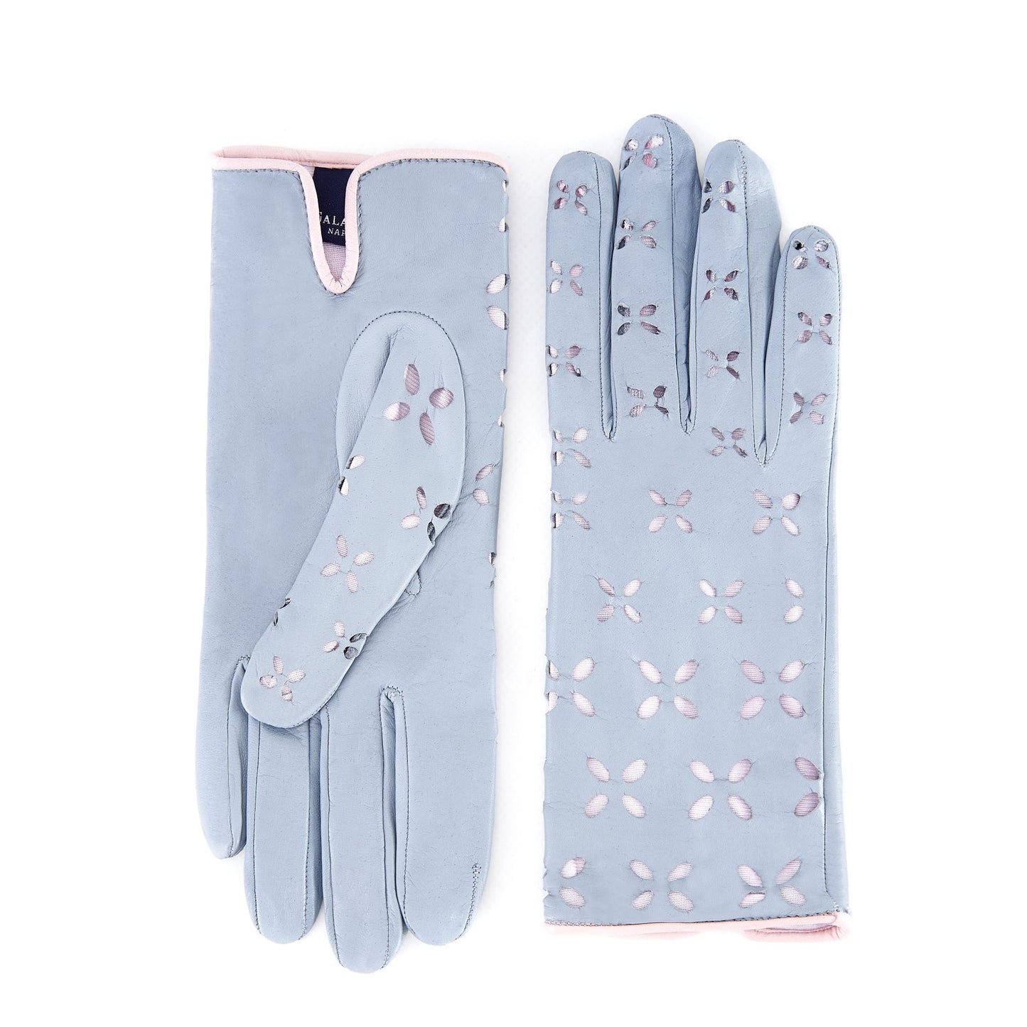 Women's grey nappa leather gloves with laser cut petals detail and polyamide lining