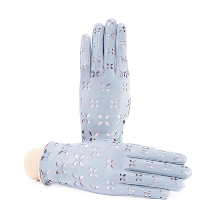 Women's grey nappa leather gloves with laser cut petals detail and polyamide lining