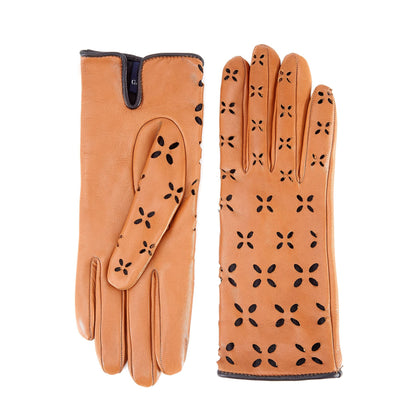 Women's camel nappa leather gloves with laser cut petals detail and polyamide lining
