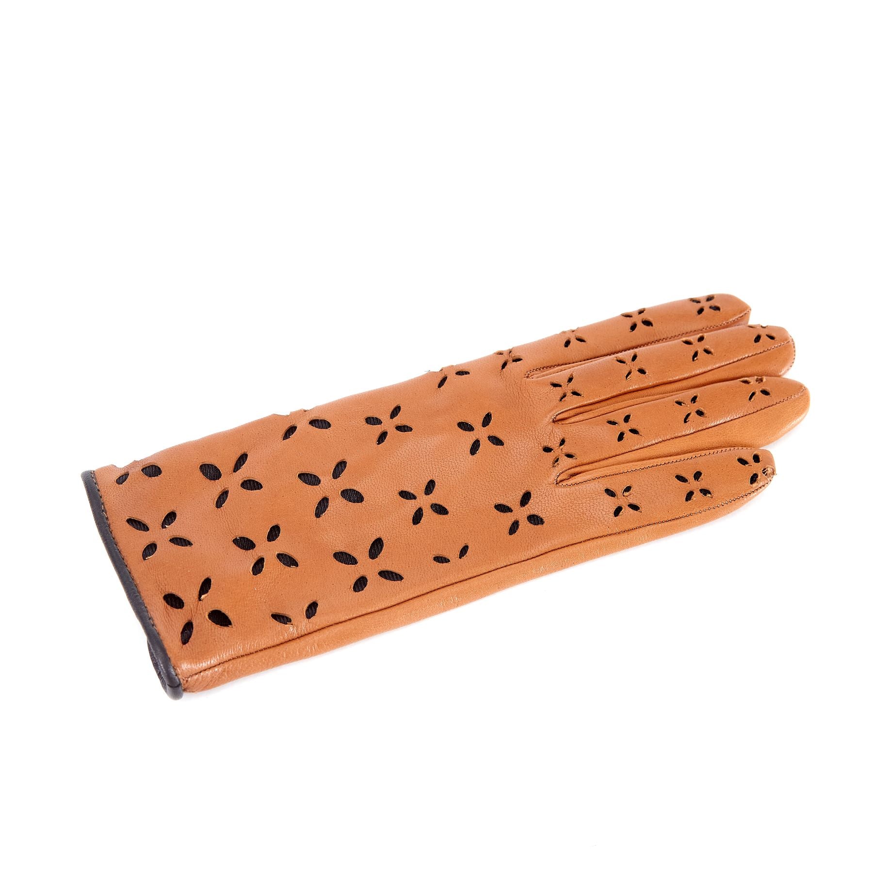 Women's camel nappa leather gloves with laser cut petals detail and polyamide lining