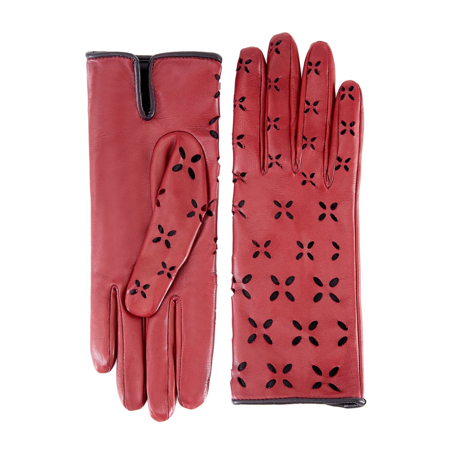 Women's rum nappa leather gloves with laser cut petals detail and polyamide lining