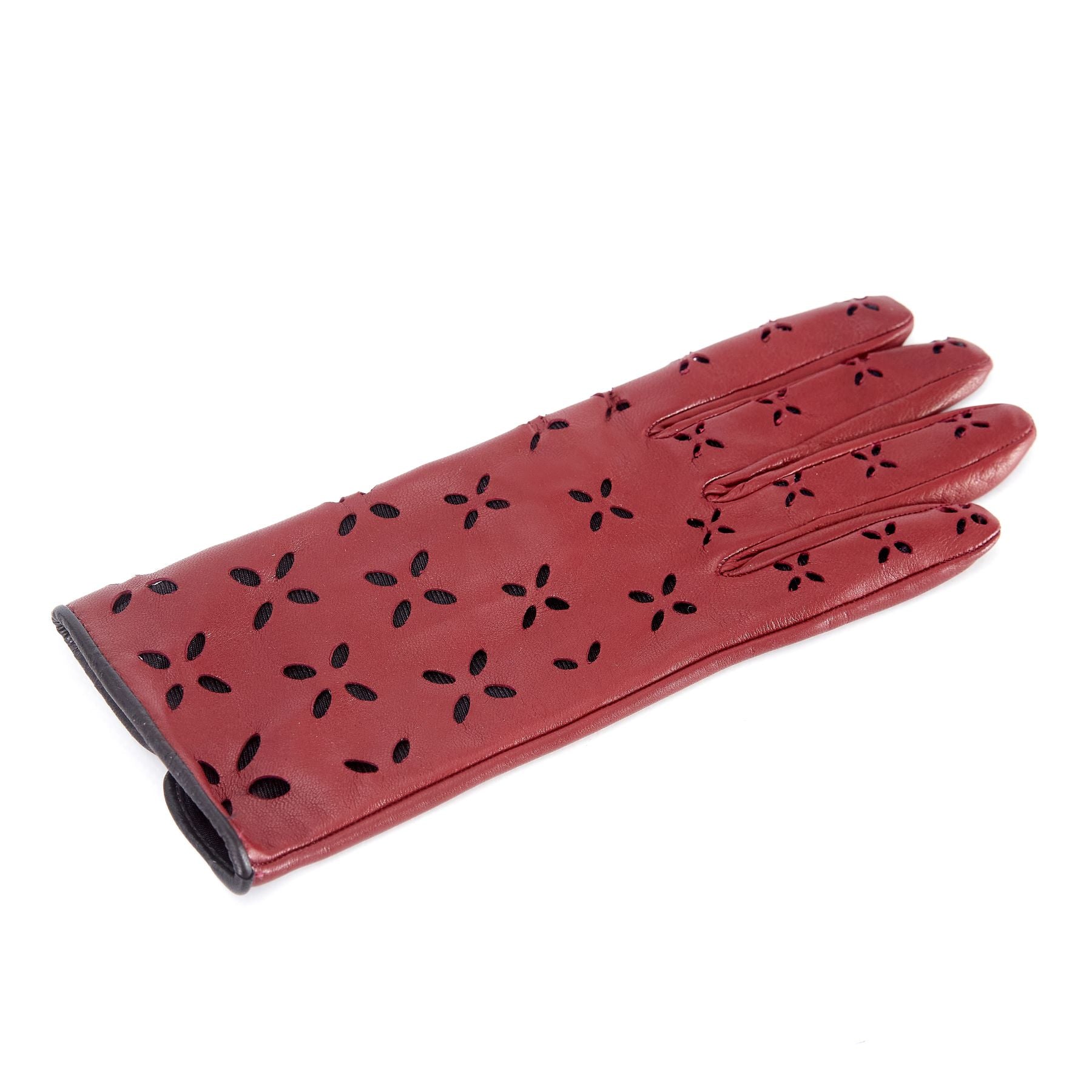 Women's rum nappa leather gloves with laser cut petals detail and polyamide lining