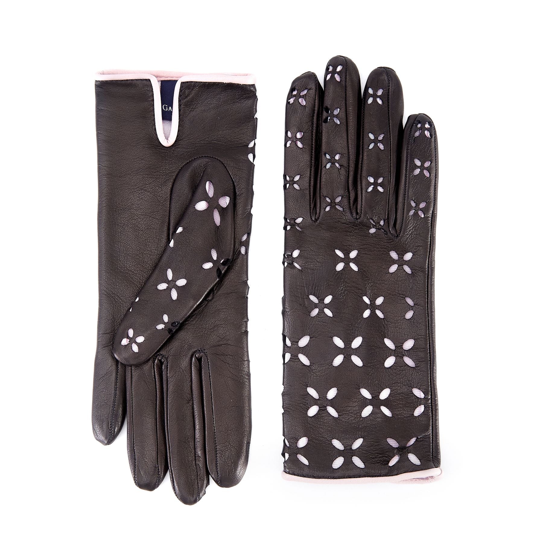 Women's black nappa leather gloves with laser cut petals detail and polyamide lining