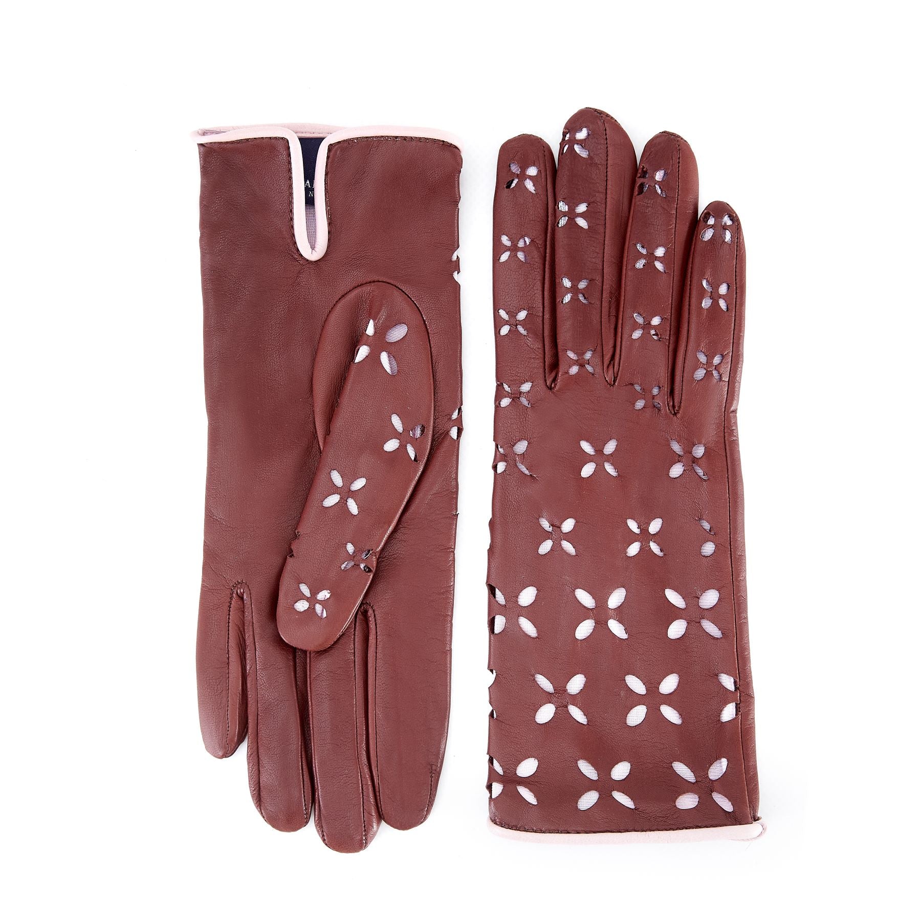 Women's light brown nappa leather gloves with laser cut petals detail and polyamide lining