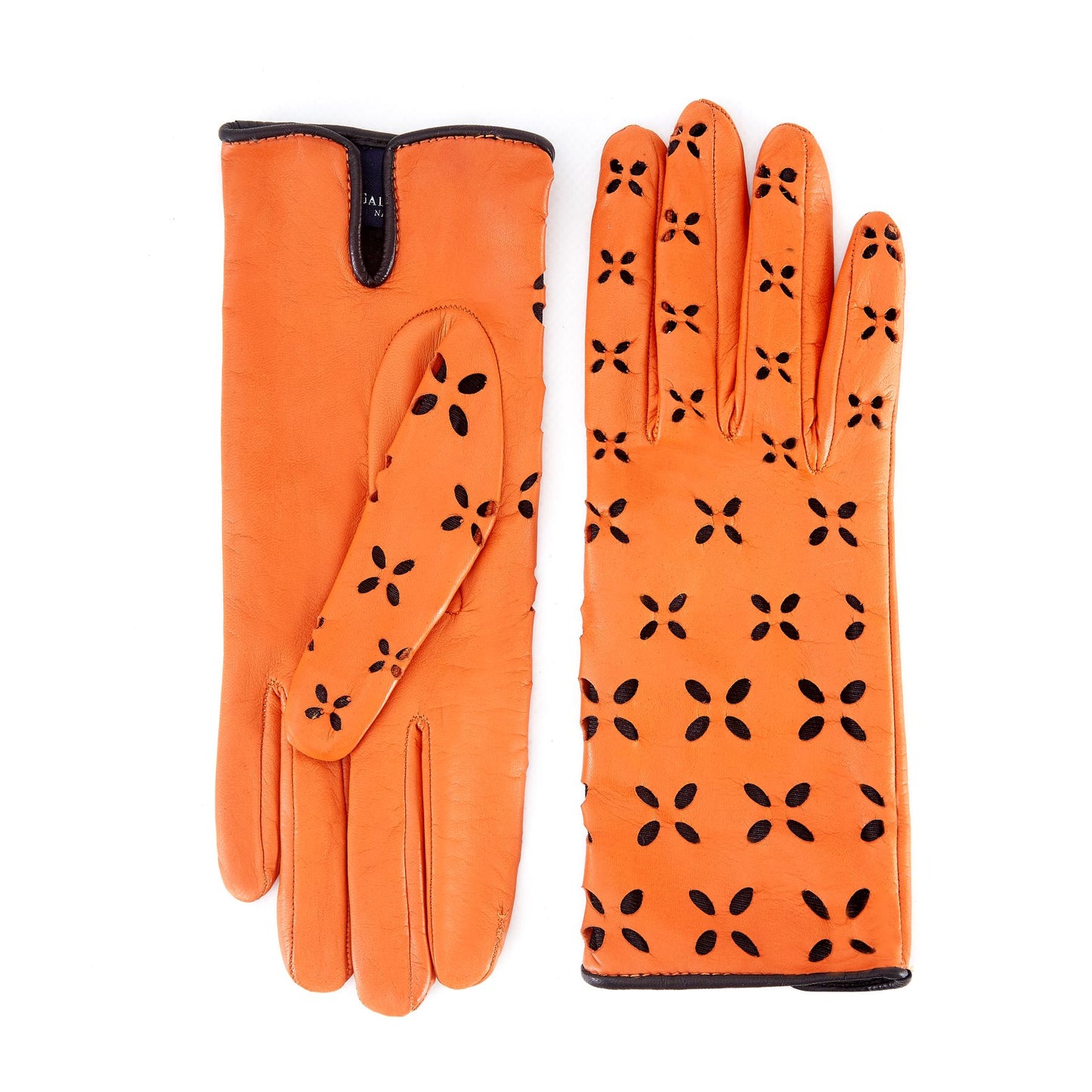 Women's orange nappa leather gloves with laser cut petals detail and polyamide lining