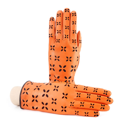 Women's orange nappa leather gloves with laser cut petals detail and polyamide lining