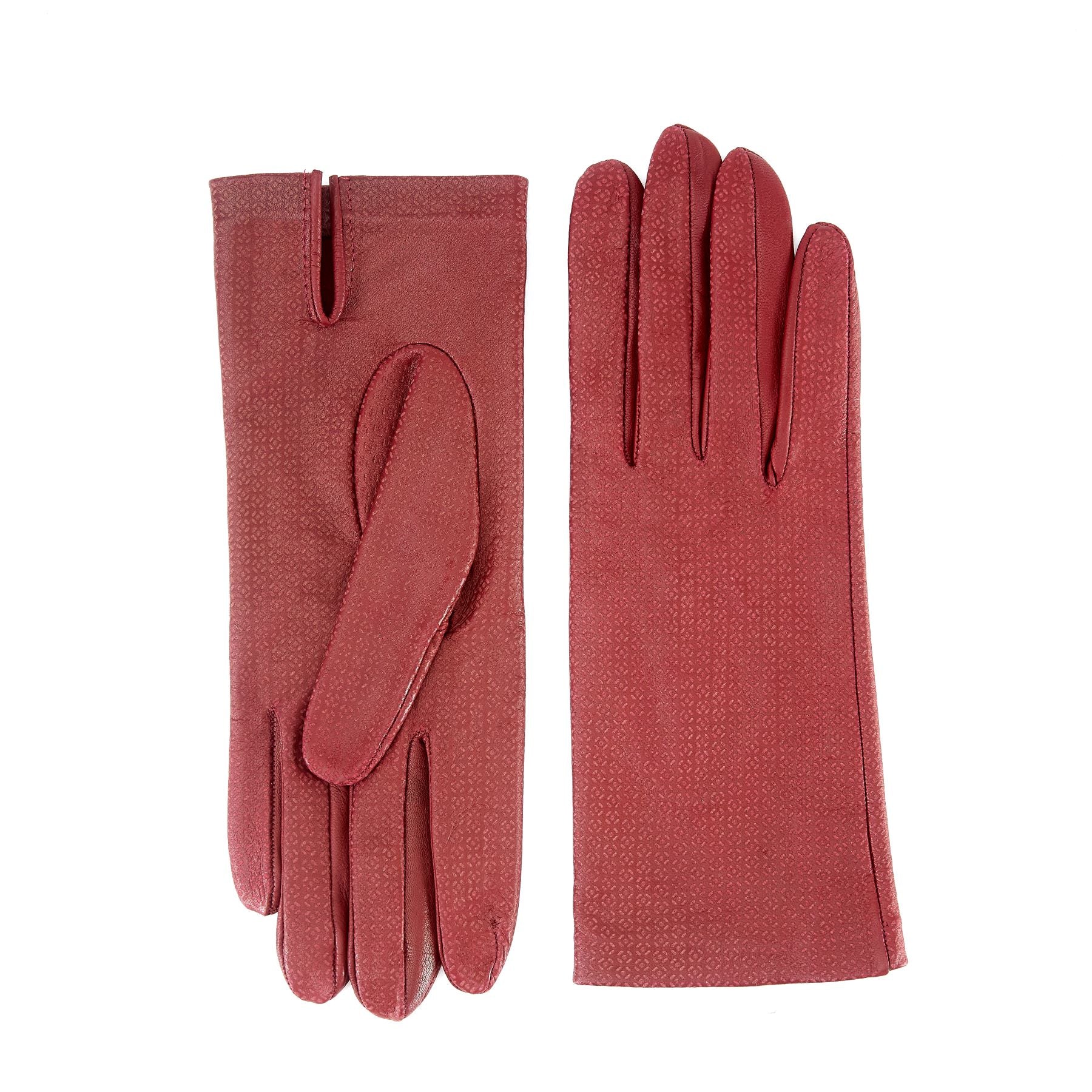 Women's unlined rum nappa leather gloves with all over laser cut detail