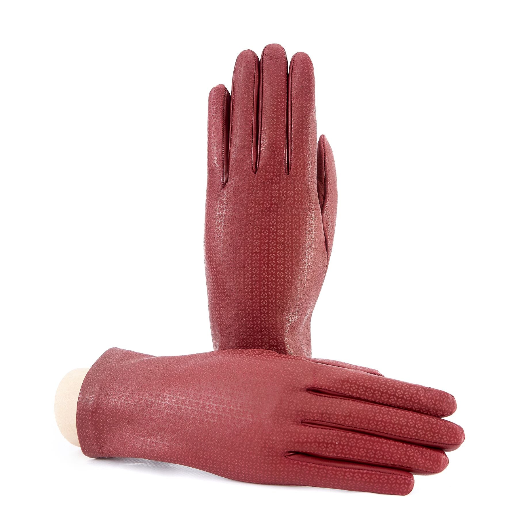 Women's unlined rum nappa leather gloves with all over laser cut detail