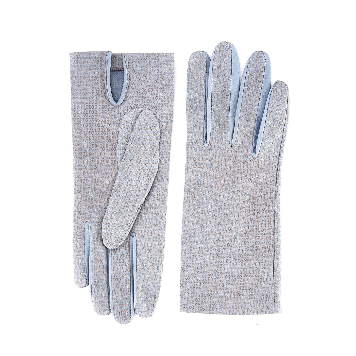 Women's unlined grey nappa leather gloves with all over laser cut detail