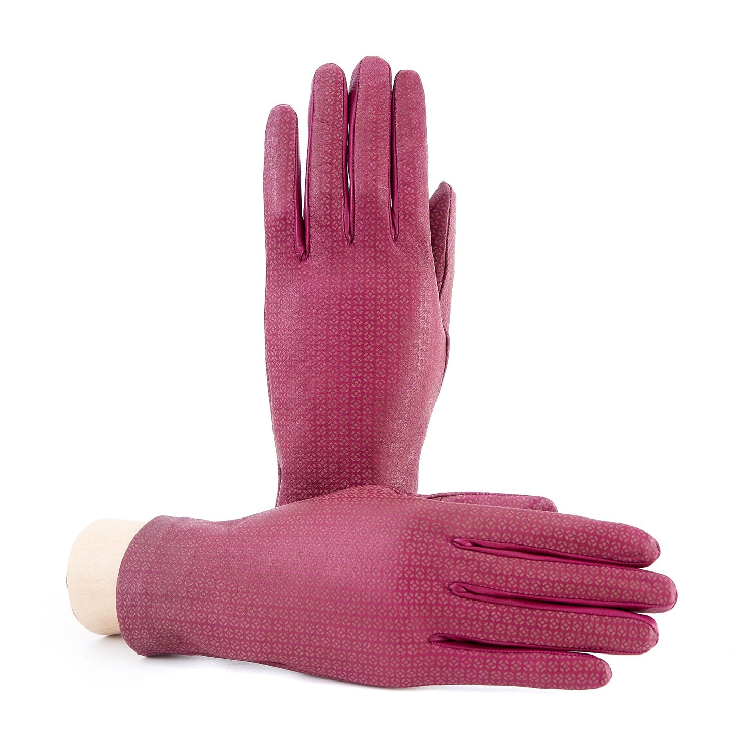 Women's unlined purple nappa leather gloves with all over laser cut detail