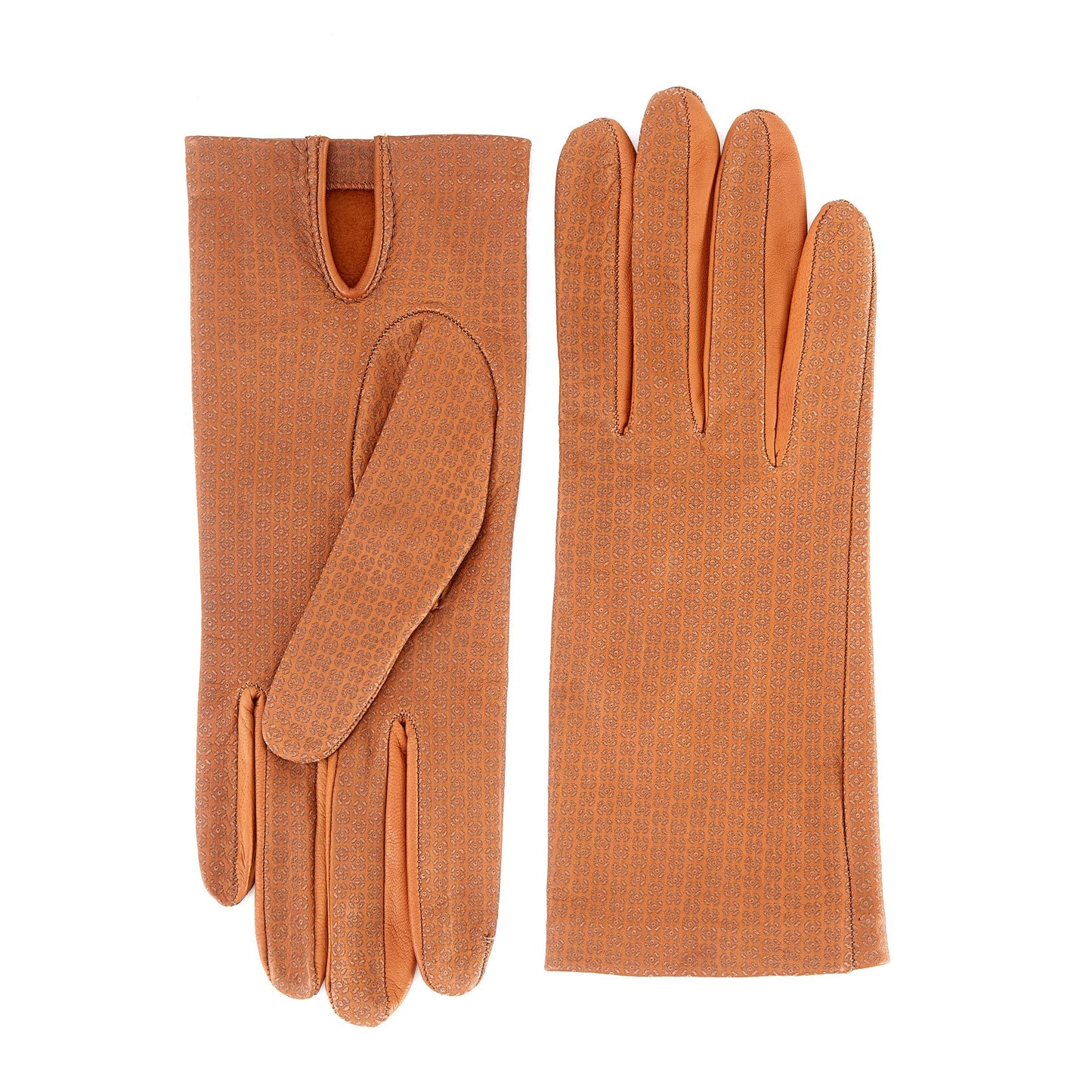 Women's unlined camel nappa leather gloves with all over laser cut detail