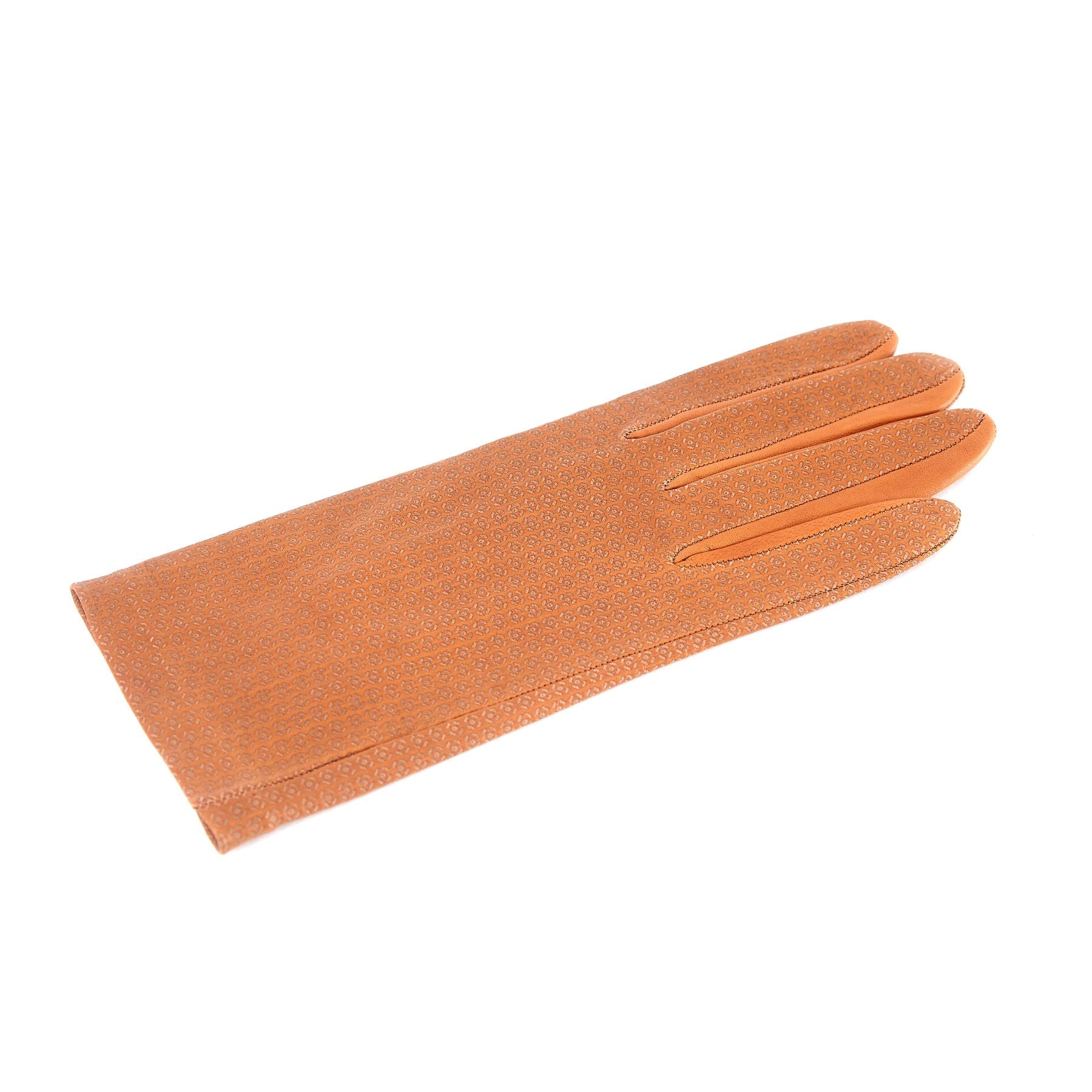 Women's unlined camel nappa leather gloves with all over laser cut detail