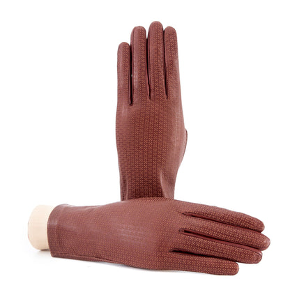 Women's unlined light brown nappa leather gloves with all over laser cut detail