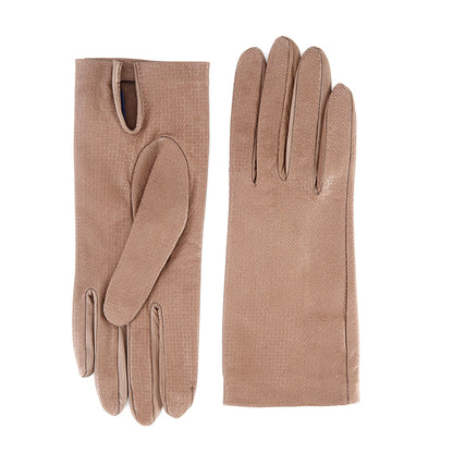 Women's unlined taupe nappa leather gloves with all over laser cut detail