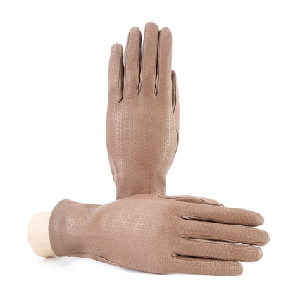 Women's unlined taupe nappa leather gloves with all over laser cut detail