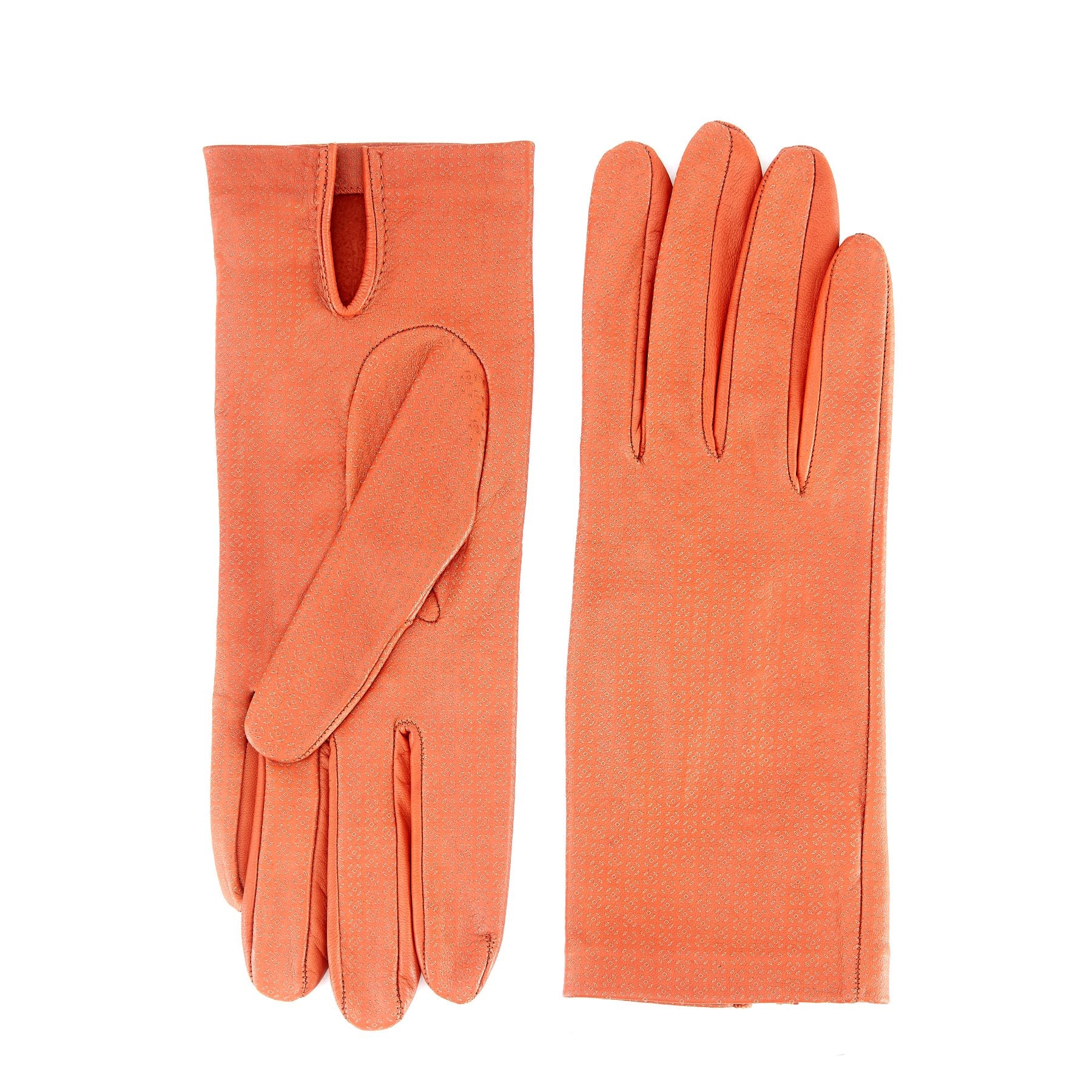 Women's unlined orange nappa leather gloves with all over laser cut detail