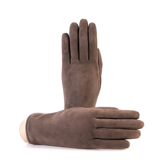 Women’s basic mud soft suede leather gloves with palm opening and mix cashmere lining