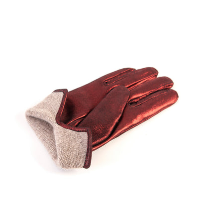Women’s basic red soft laminated suede leather gloves with palm opening and mix cashmere lining