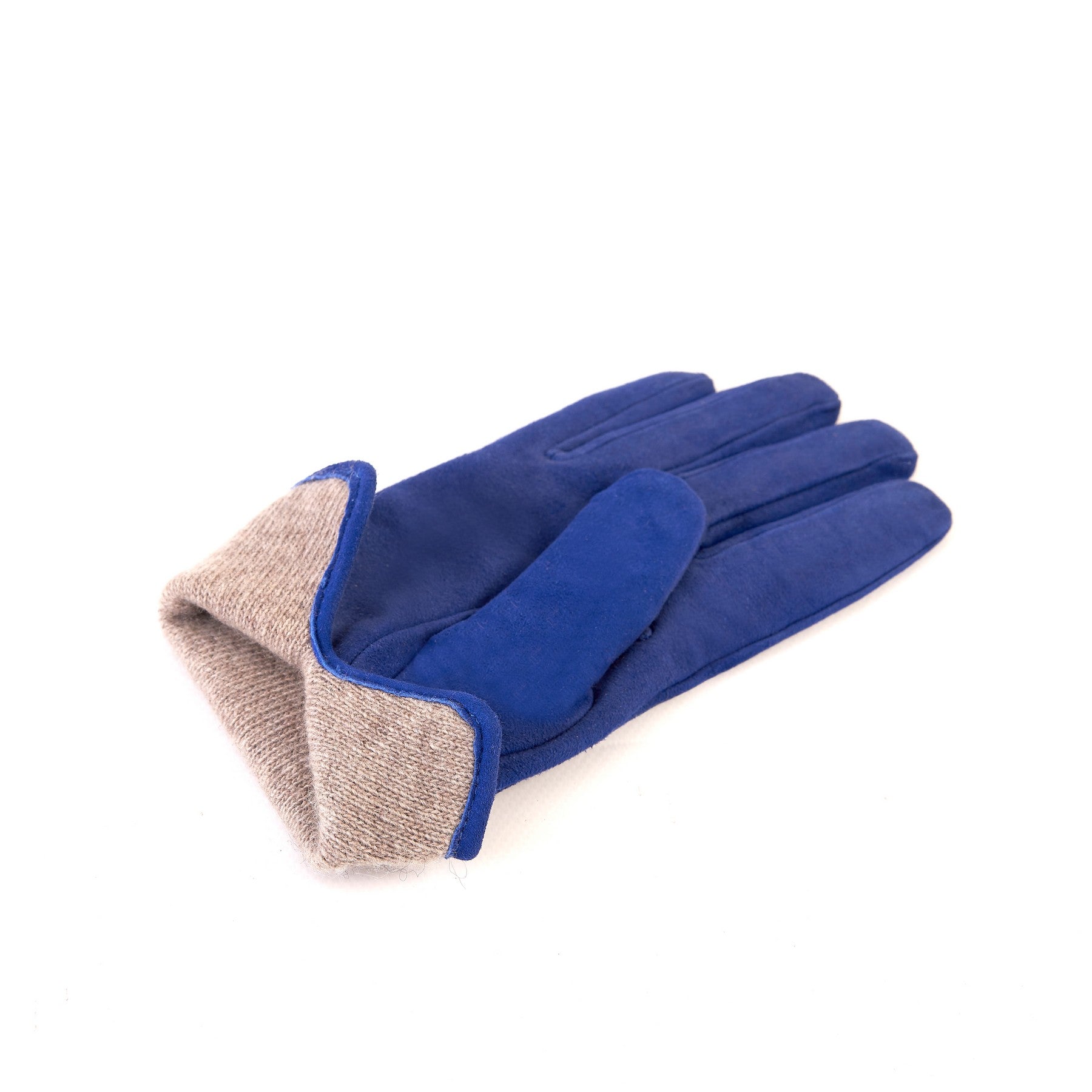 Women’s basic electric blue suede leather gloves with palm opening and mix cashmere lining
