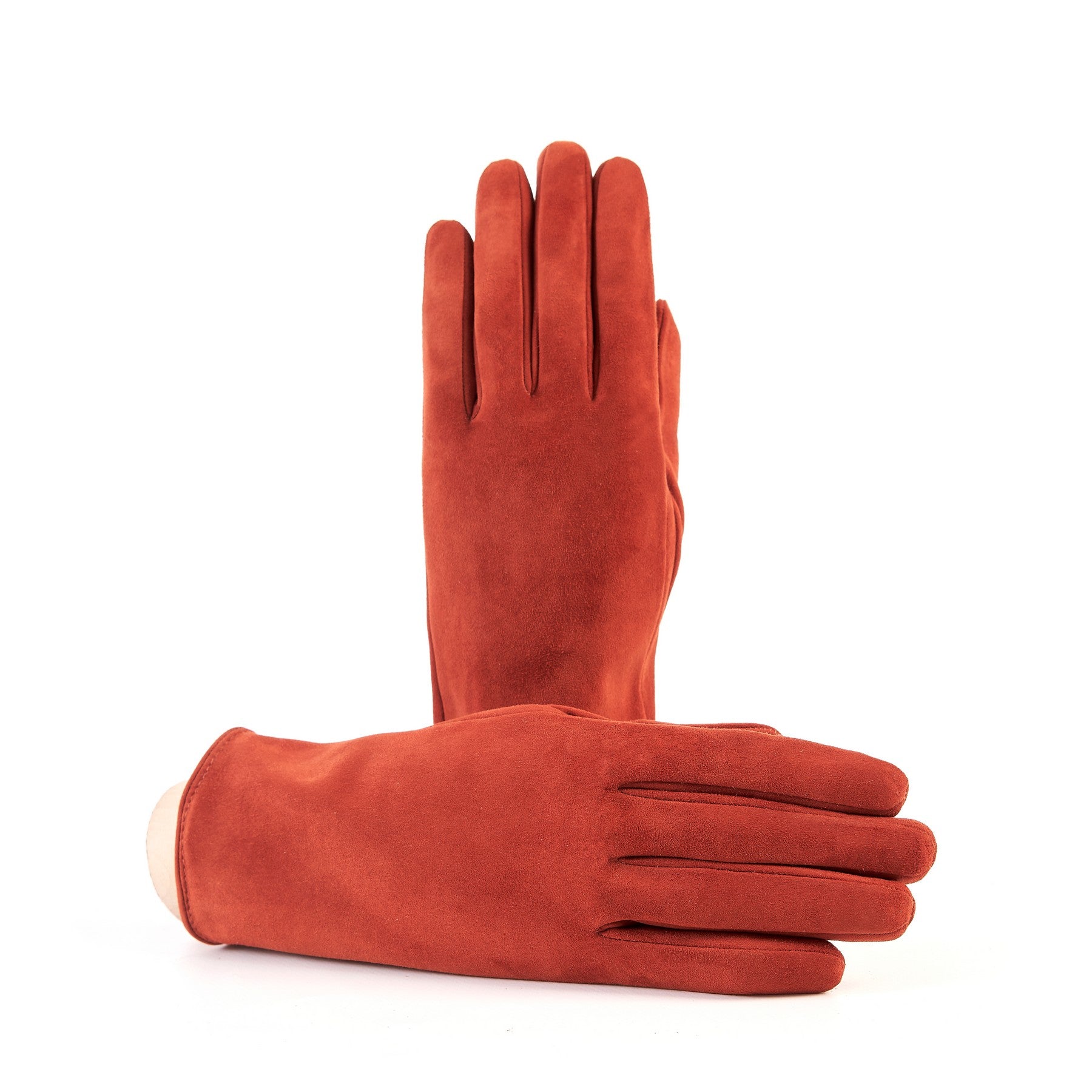 Women’s basic orange soft suede leather gloves with palm opening and mix cashmere lining